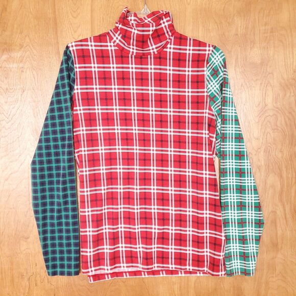Lands End Plaid Turtleneck Womens L 14-16 Red Green Colorblock Lightweight - Picture 2 of 11